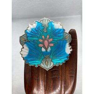 Art Nouveau Vintage Enamel Blue Iris Flower Floral Necklace Pendant Signed CJ